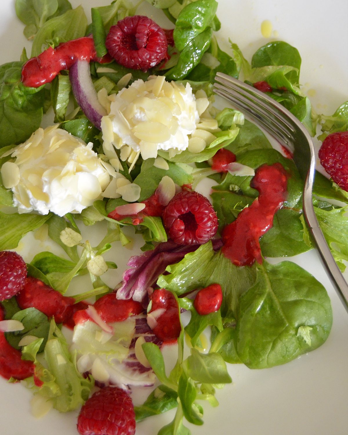 Blattsalat mit Frischkäse und Himbeeren