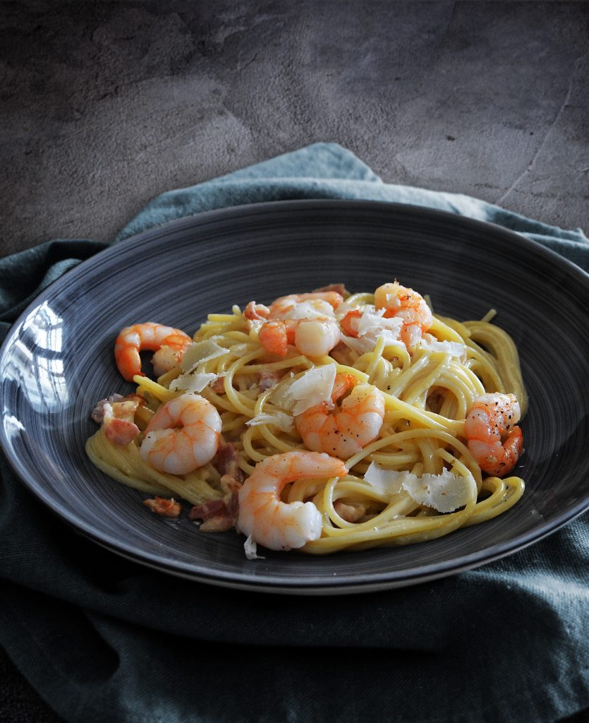 Spaghetti Carbonara mit Garnelen