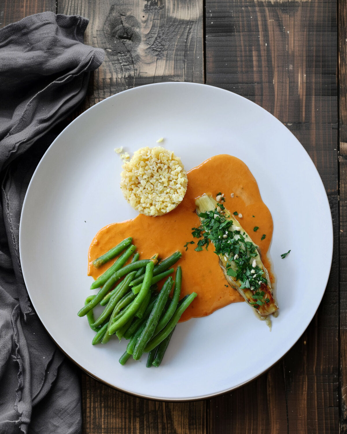 Aubergine mit Makhani- Sauce, grünen Bohnen und Bulgur