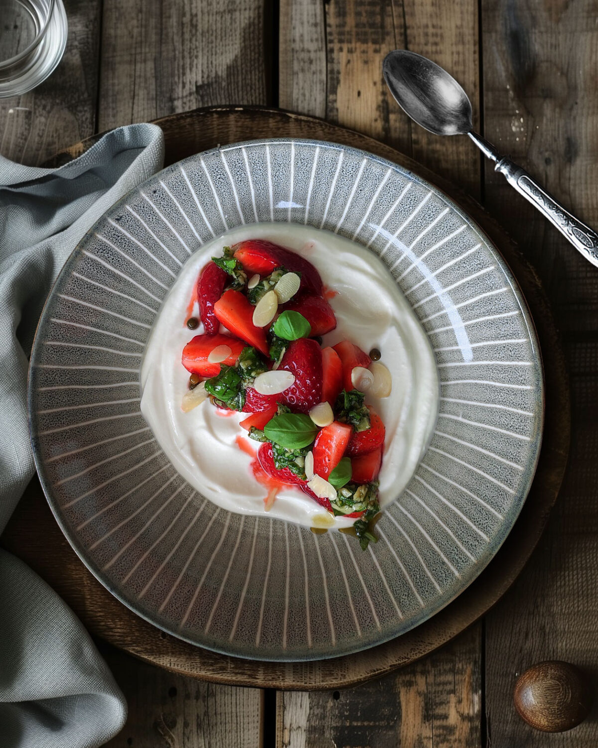 Marinierte Erdbeeren auf Joghurt mit süßem Pesto und grünem Pfeffer