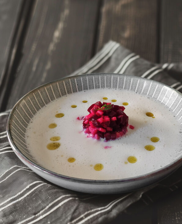 Spargelcremesuppe mit Rote-Bete-Tatar