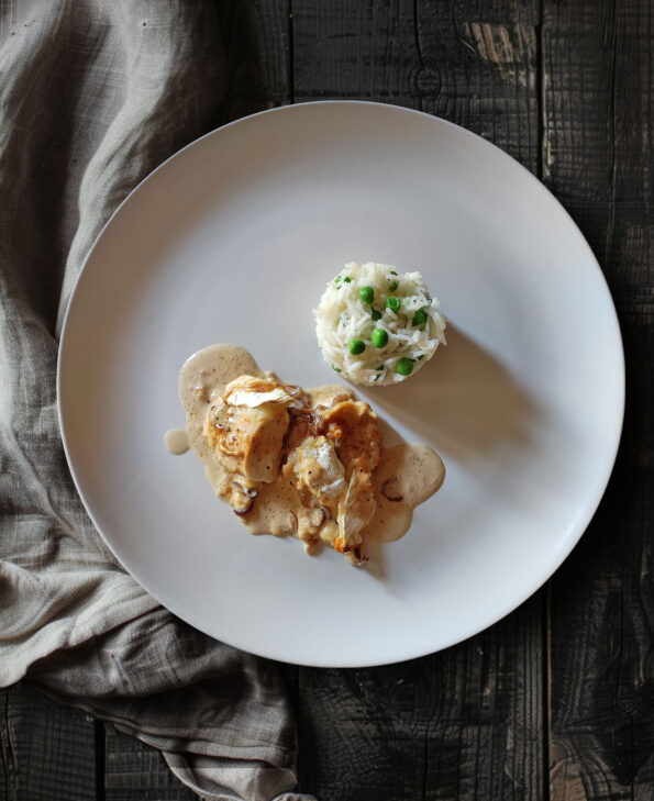 Camembert-Hähnchen mit Erbsenreis