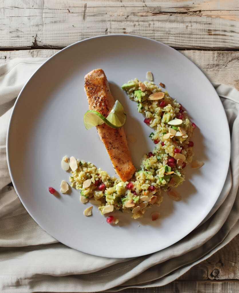 Lachs zu Bulgur mit Avocado, Granatapfel und Mandeln