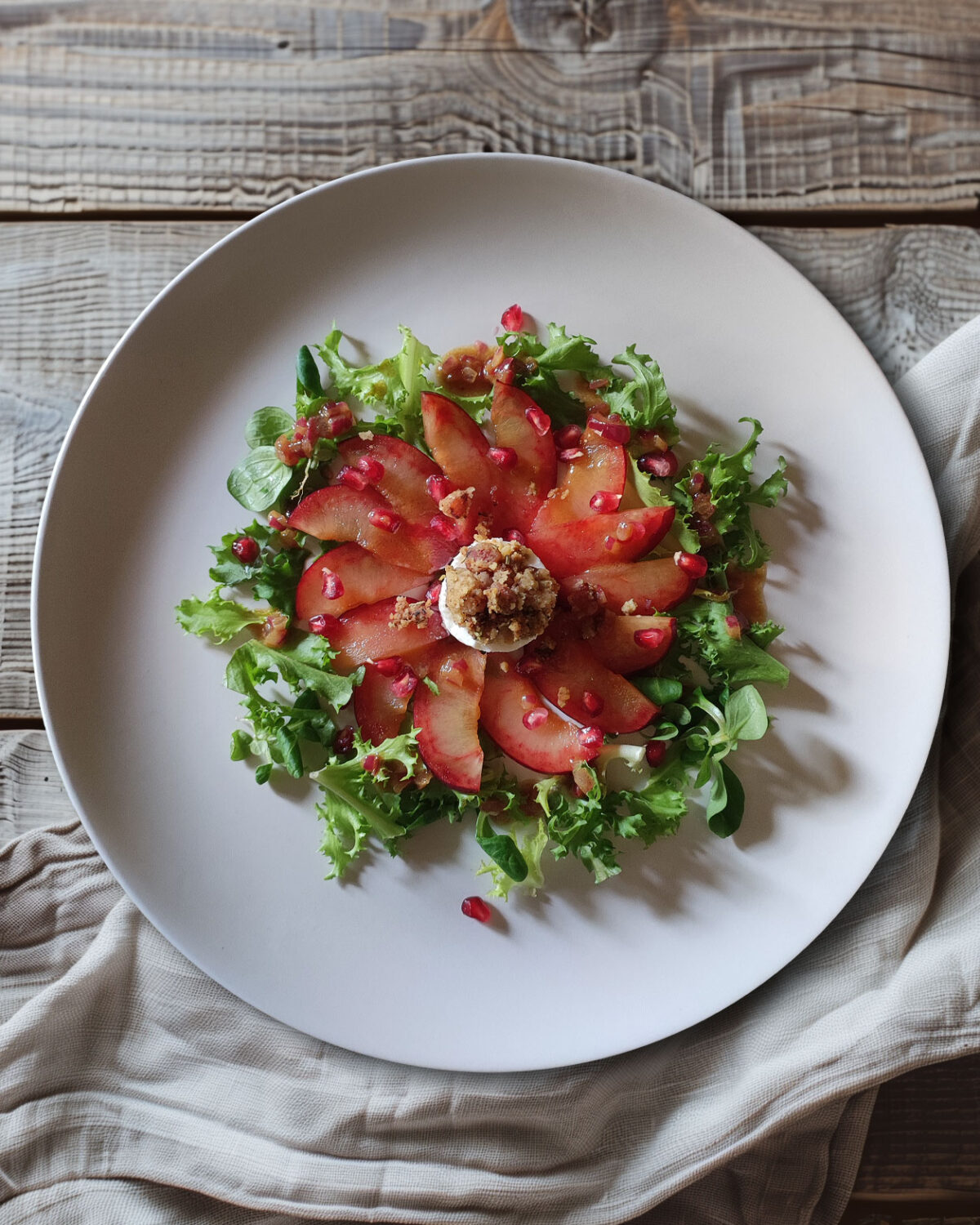 Ziegenkäsetaler mit Honig-Speck-Crumble auf Blattsalat mit Granatapfel-Dressing und Pflaumen-Carpaccio