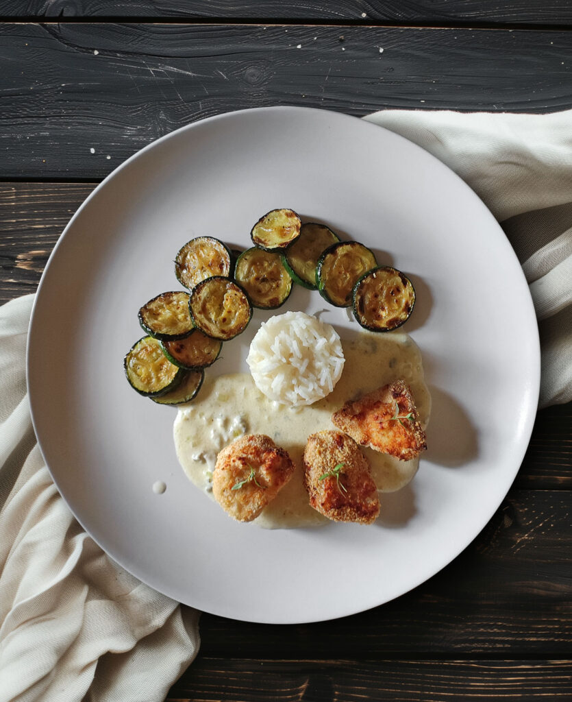 Chickennuggets mit Zucchini, Reis und Gorgonzalasoße