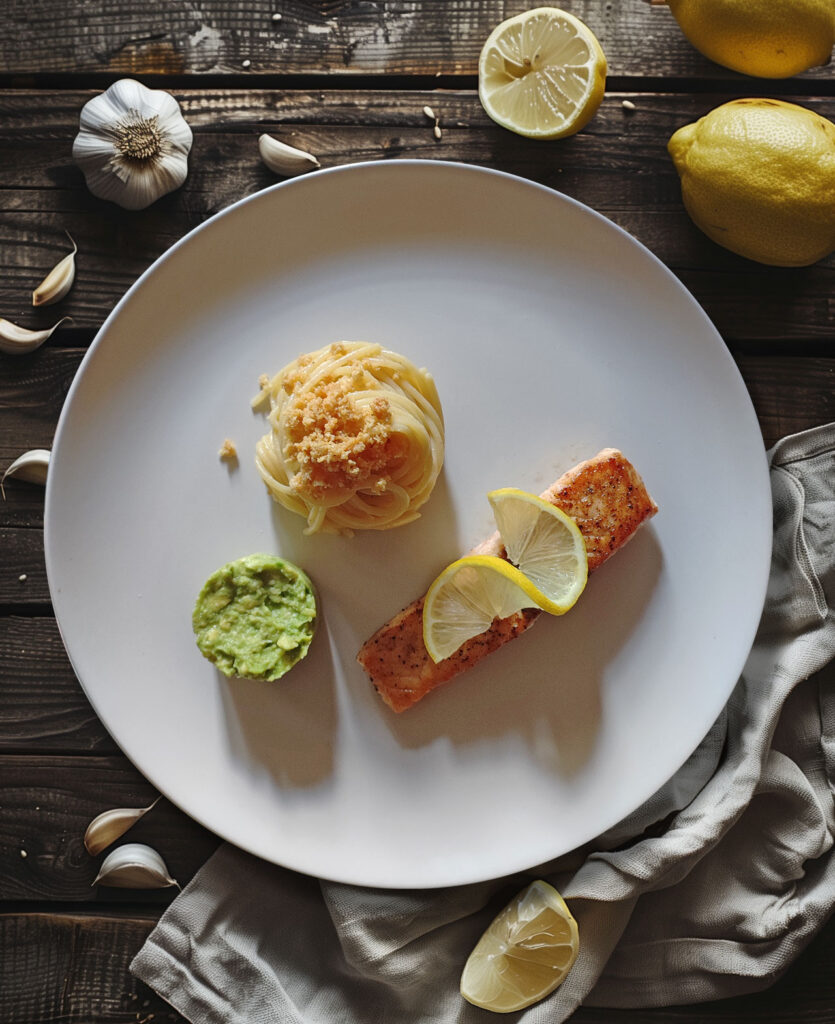 Spaghetti aglio e olio mit Lachs und Guacamole