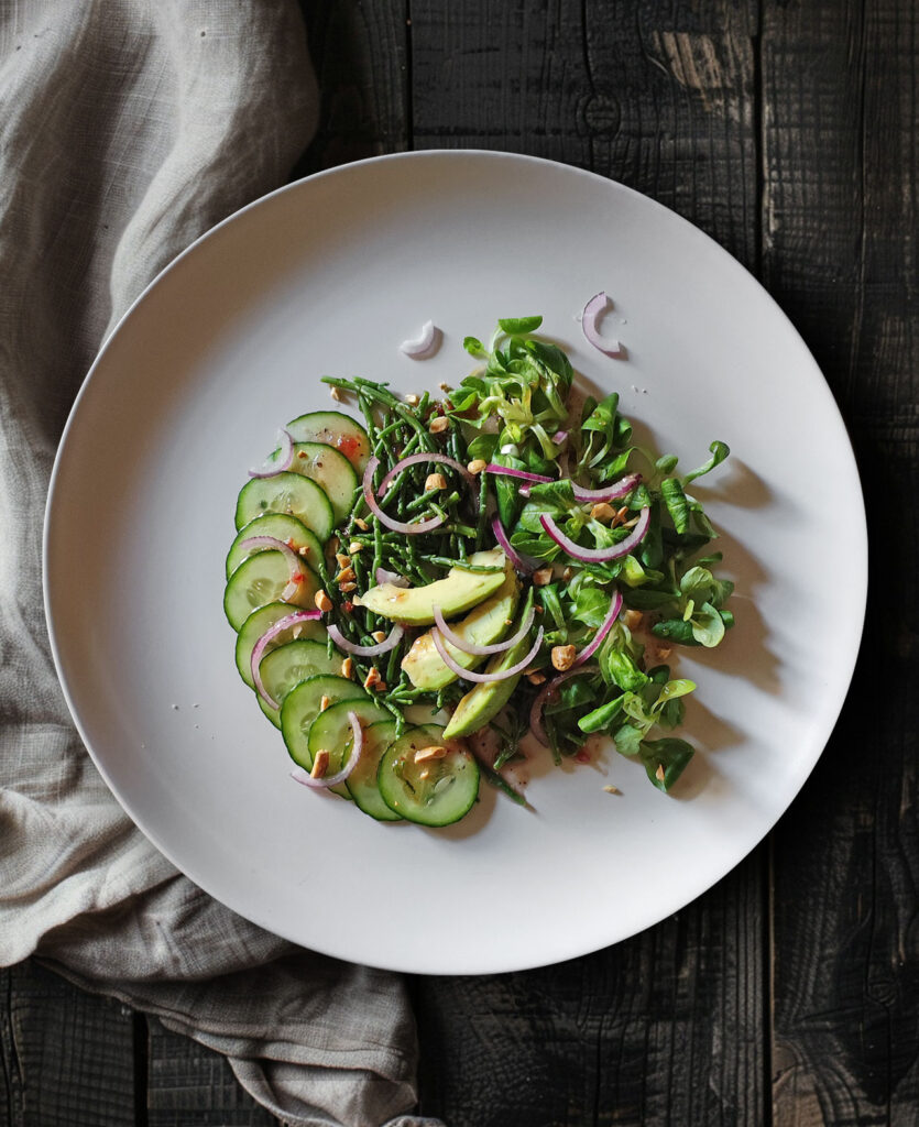 Quellersalat mit Gurke, Avocado, Feldsalat und Himbeerdressing