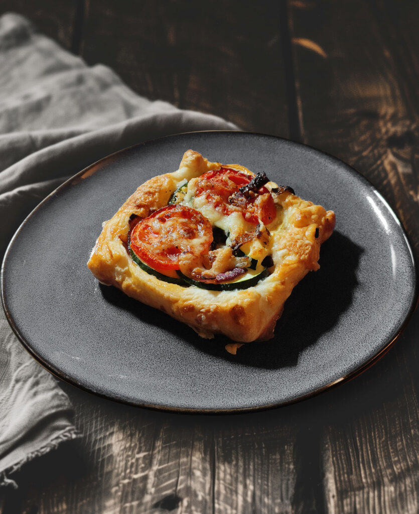 Blätterteigtartes mit Balsamico-Zwiebeln, Zucchini und Tomaten