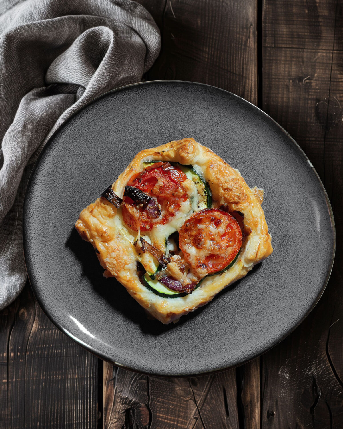 Blätterteigtartes mit Balsamico-Zwiebeln, Zucchini und Tomaten