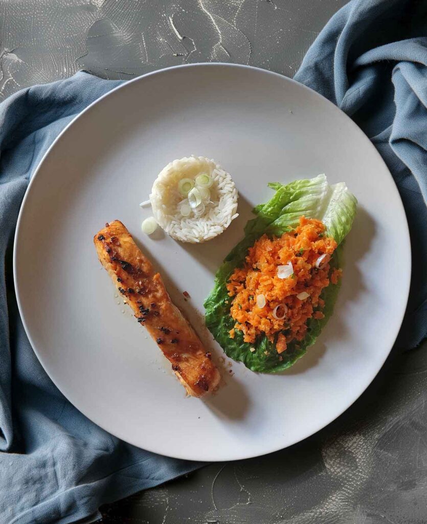 Marinierter Lachs mit Reis und Karottensalat