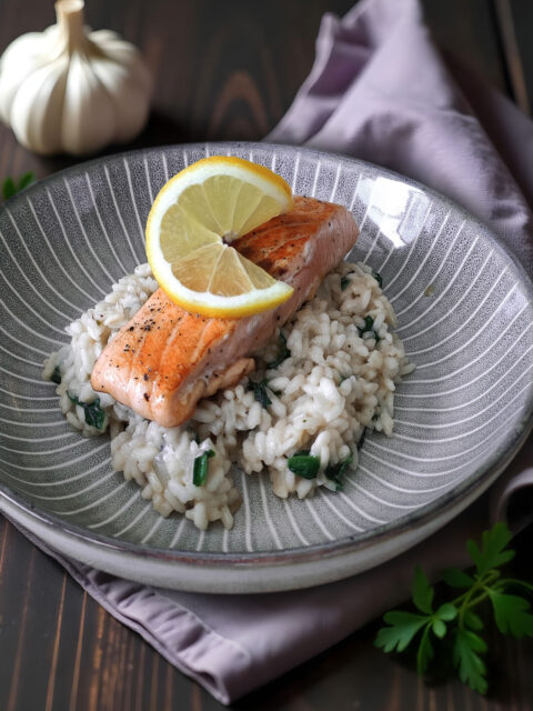 Lachs auf Bärlauch-Ziegenkäse-Risotto