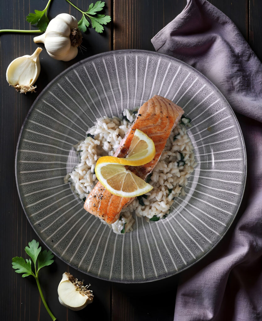 Lachs auf Bärlauch-Ziegenkäse-Risotto