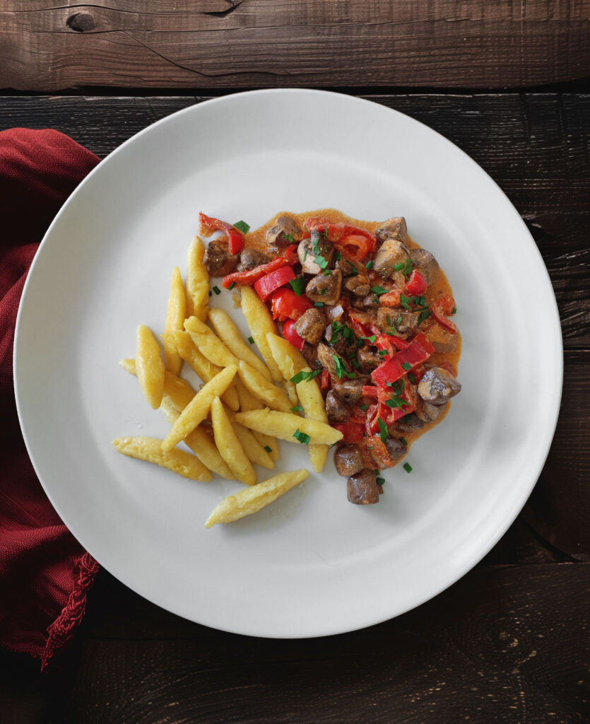 Pilz-Paprika-Gulasch mit Schupfnudeln