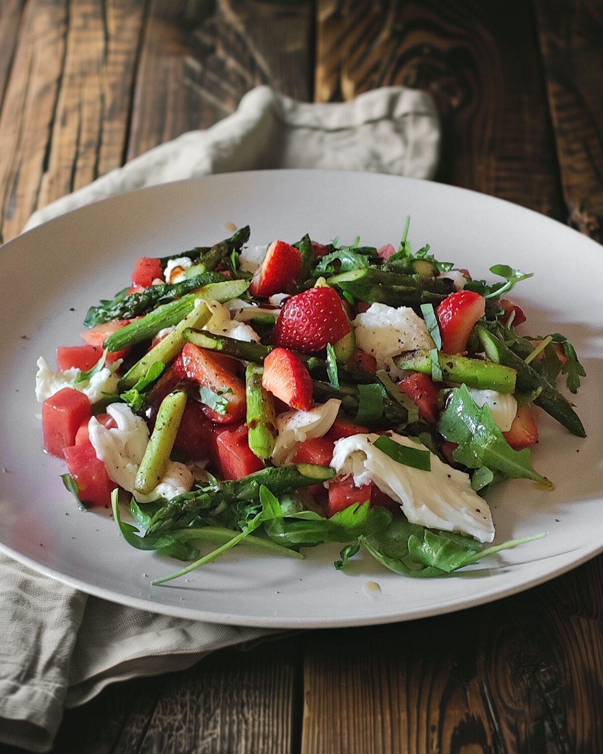 Rucola mit Erdbeeren, Melone, Mozzarella und gebratenem grünen Spargel