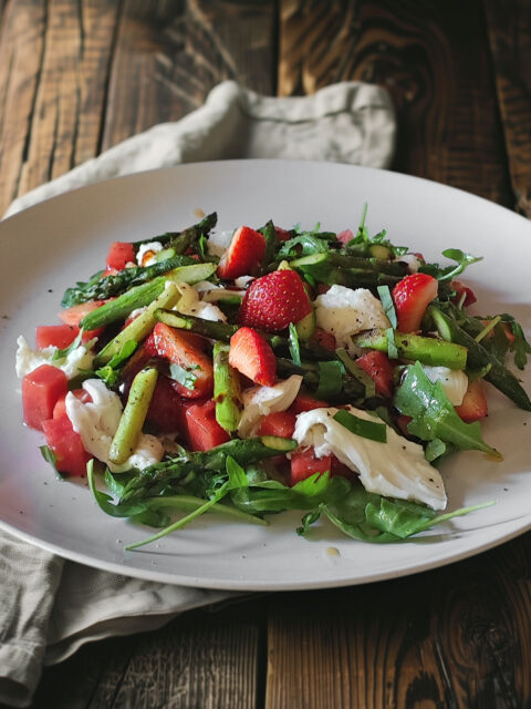 Rucola mit Erdbeeren, Melone, Mozzarella und gebratenem grünen Spargel